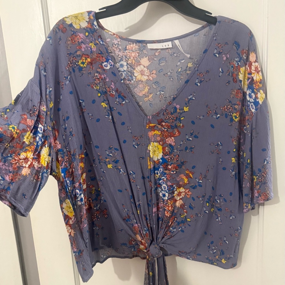 LOFT Floral Tie-Front Blouse in Blue and Yellow